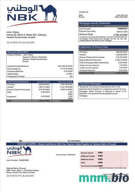 Kuwejt Bank Narodowy Kuwejtu wyciąg z kredytu hipotecznego szablon Word i PDF